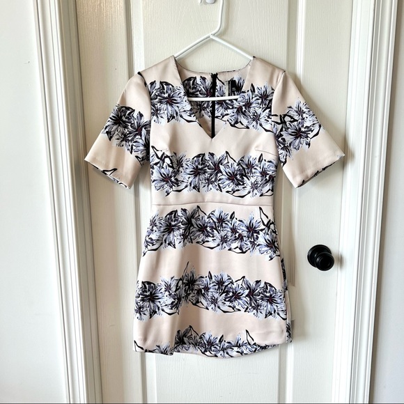 TOPSHOP Structured Champagne Floral Satiny A-Line Mini Dress—SZ. 4 - Picture 7 of 13